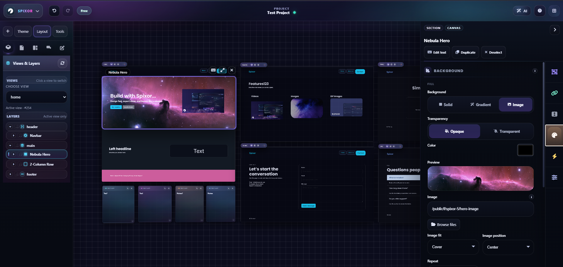 Spixor builder preview inside a browser frame